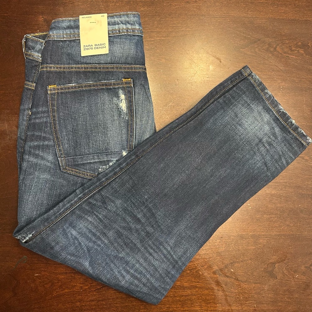 Zara Dark Blue Distressed Boyfriend Jeans - Picture 2 of 5